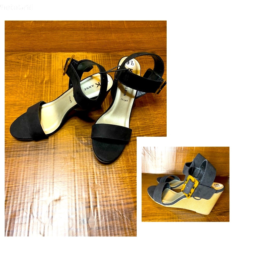 NWT Anne Klein Wedge Black Suede Sandals 9.5 Ankle tie